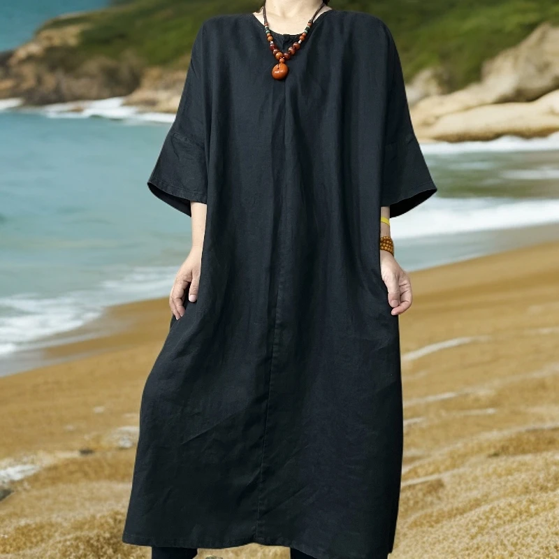 55828圆领长裙套头做旧夏季V领连衣裙宽松斜襟唐装海妖风袍子