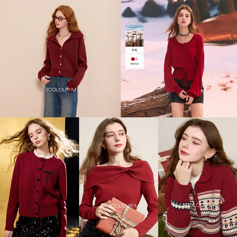 2025三彩女装秋冬季红色针织衫清仓