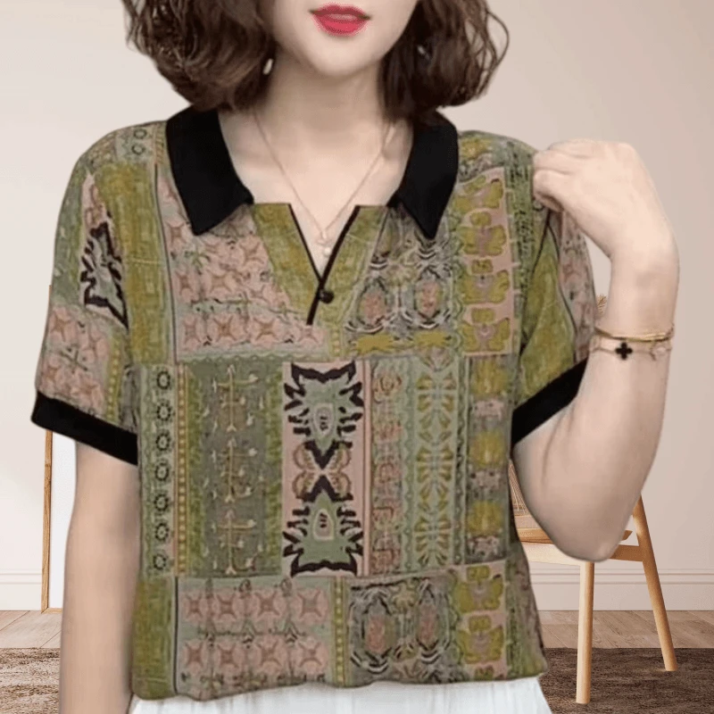 洋气翻领印花设计感薄款短袖上衣女夏装新款时尚减龄休闲百搭小衫