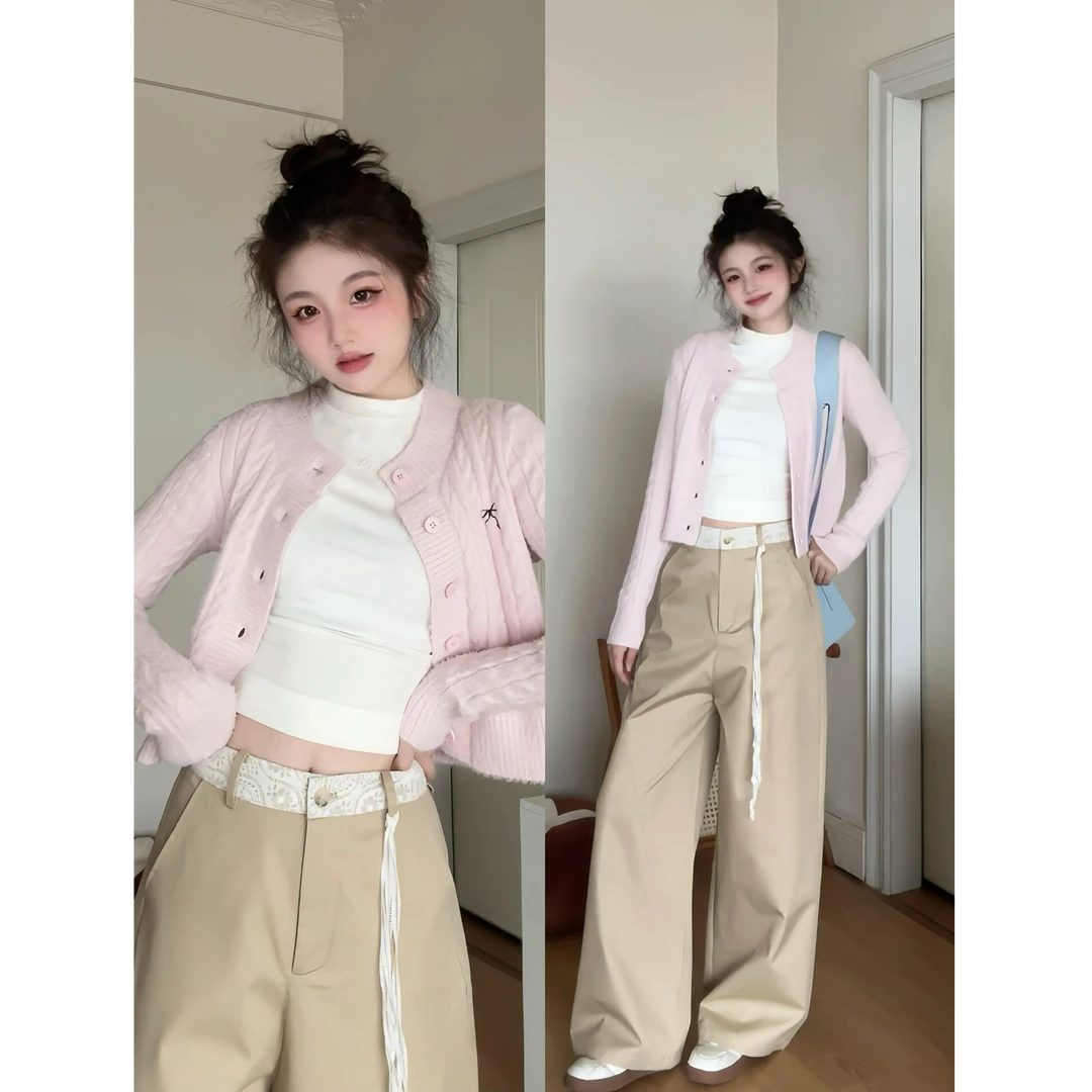 INS CEC秋季新款美式复古软糯针织开衫上衣宽松阔腿休闲裤套装女