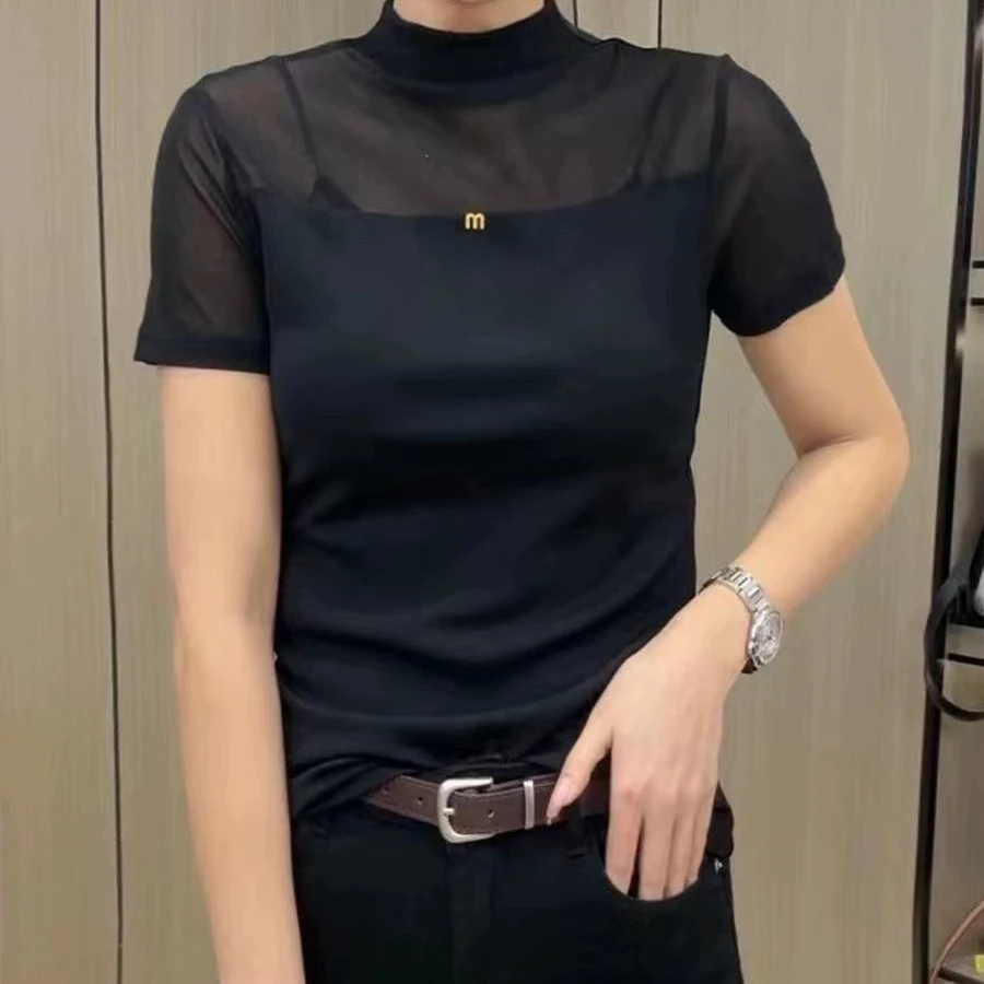 气质圆领百搭网纱短袖T恤2025夏季半袖时尚洋气显瘦打底衫女9811