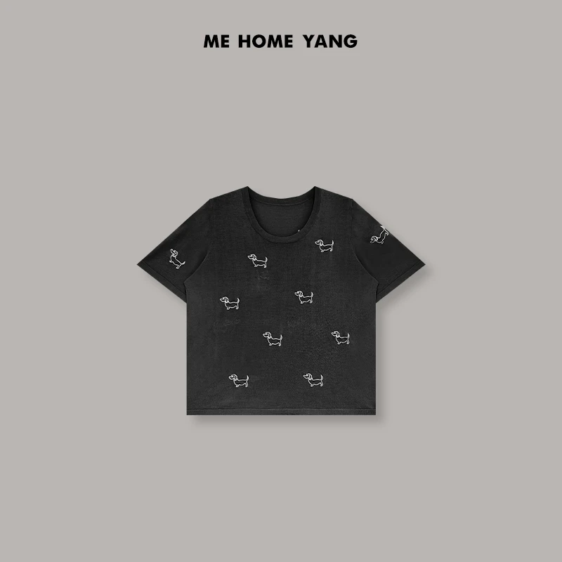 ME【刺绣小狗T】黑色春季百搭时尚针织衫MEQS1274