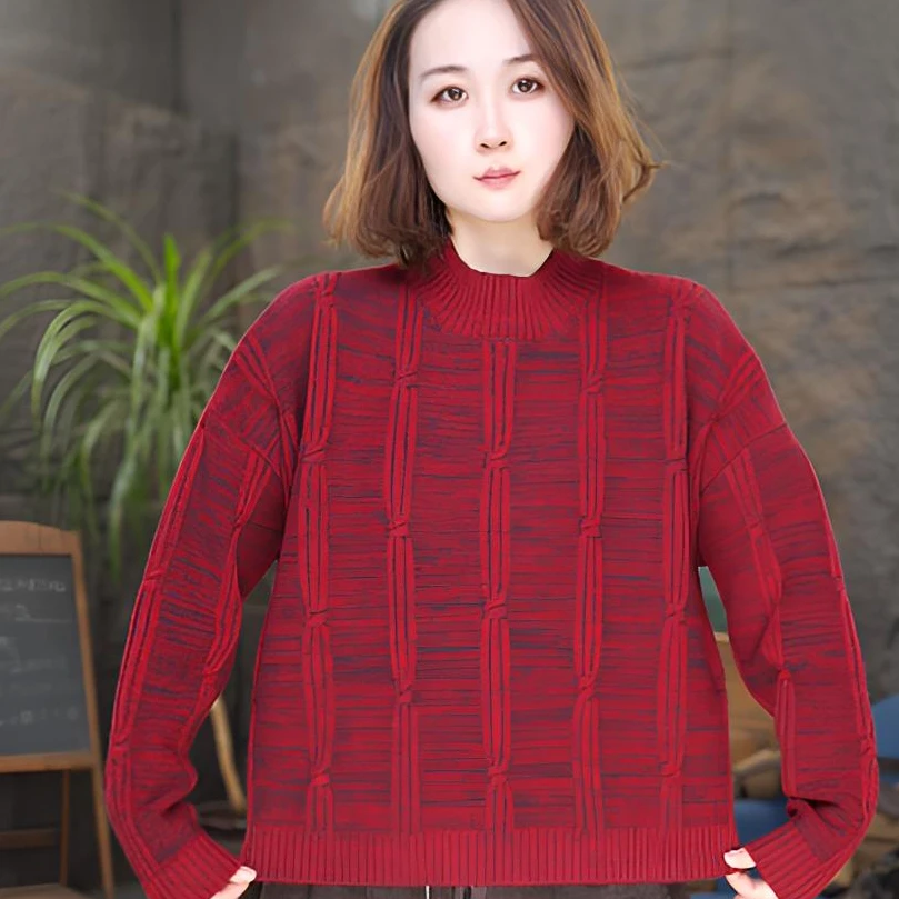 半高领女针织短款冬季厚款毛针织衫休闲秋冬提花毛衫