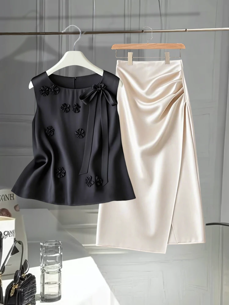 气质飘带无袖黑色上衣夏季新款高级感衬衣杏色开叉半身裙两件套装