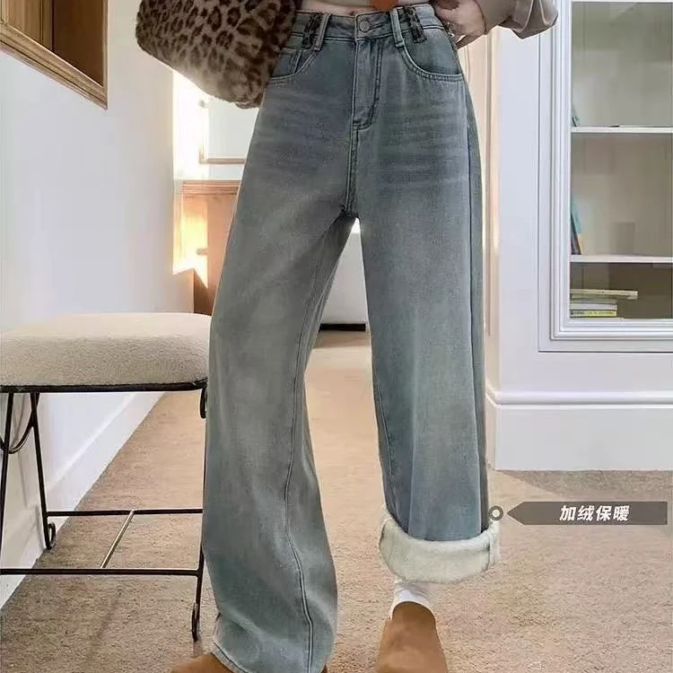 加绒加厚牛仔裤女拼接豹纹秋冬新款时尚洋气减龄直筒裤#9595