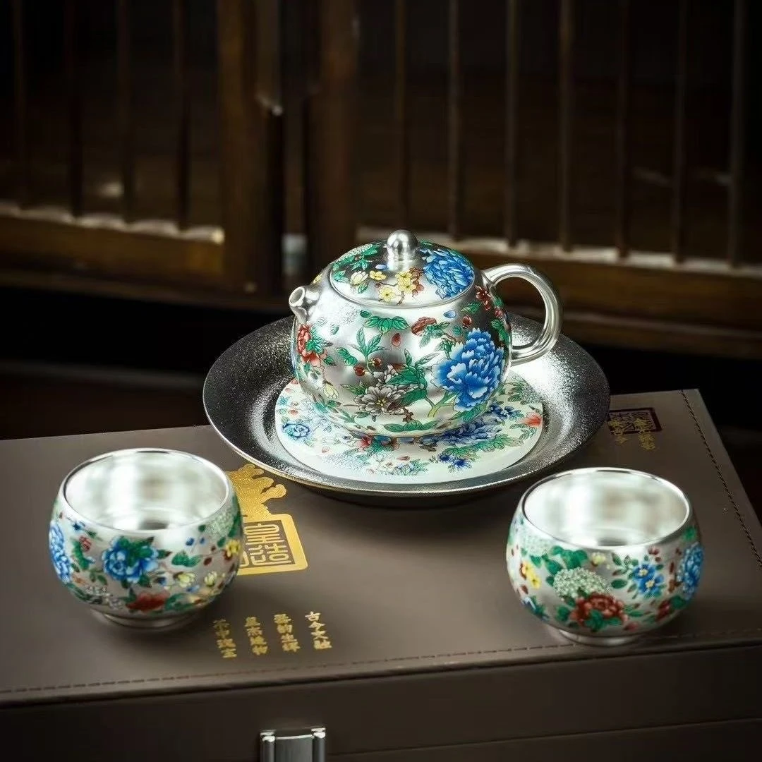 茗香瓷器 蓝牡丹花银一壶两杯+壶承-6049