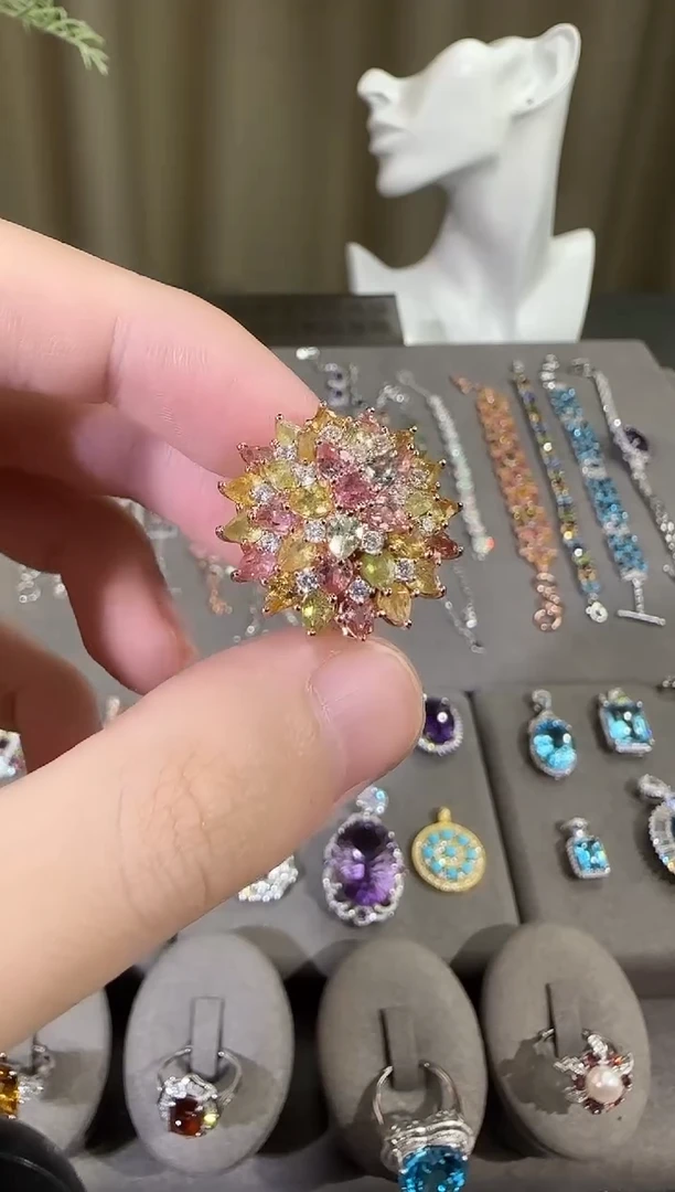 银S925镶嵌戒指碧玺23mm戒指繁花设计款多样性发其一