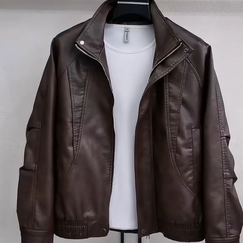 新款高品质男士立领休闲皮衣夹克外套