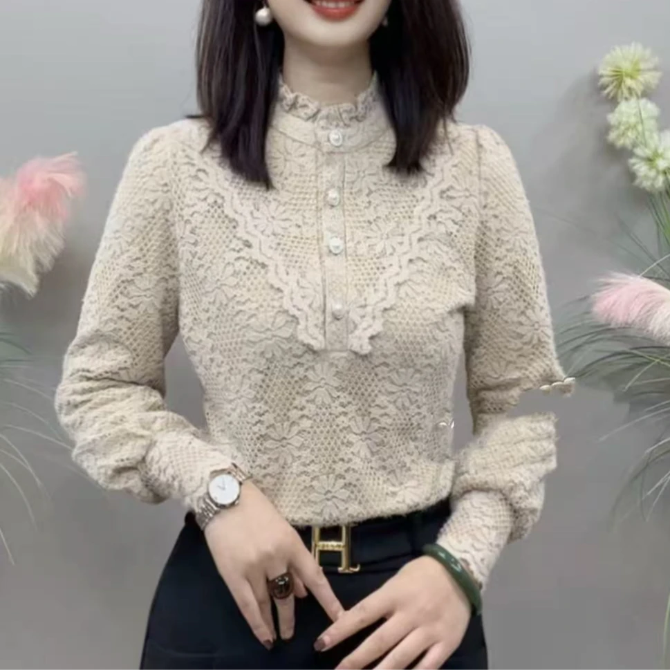 BX2052秋冬新款加绒保暖木耳花边领长袖气质百搭衬衫