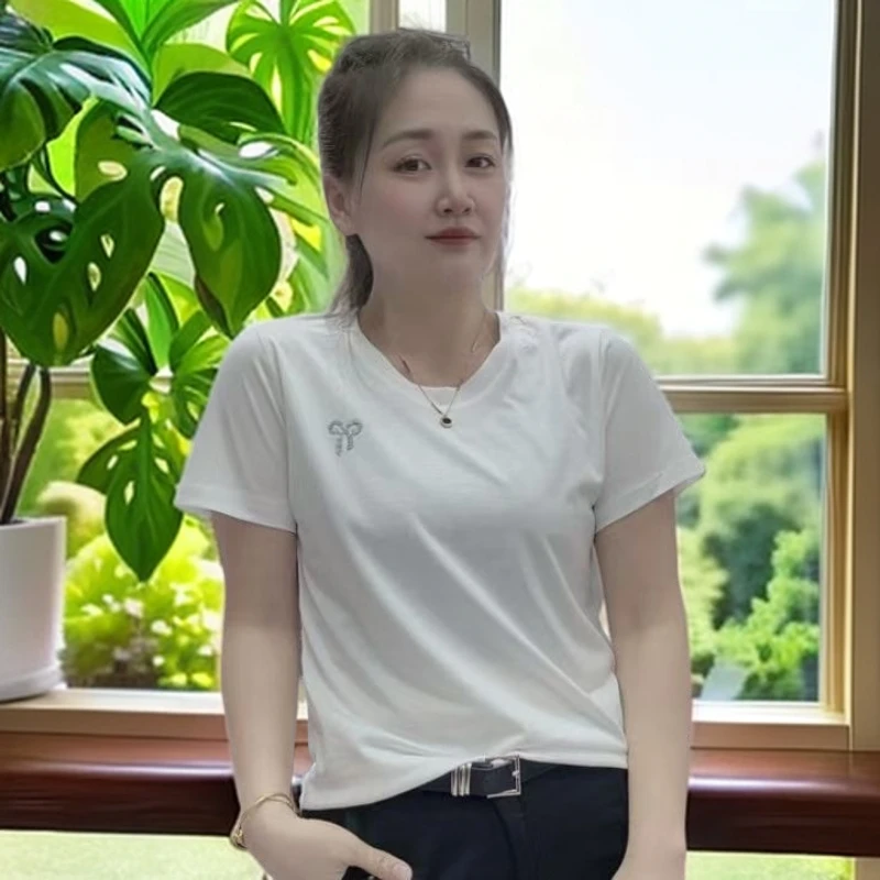 《丽丽家》2025新款短袖t恤冰丝面料女时尚洋气百搭圆领套头上衣潮