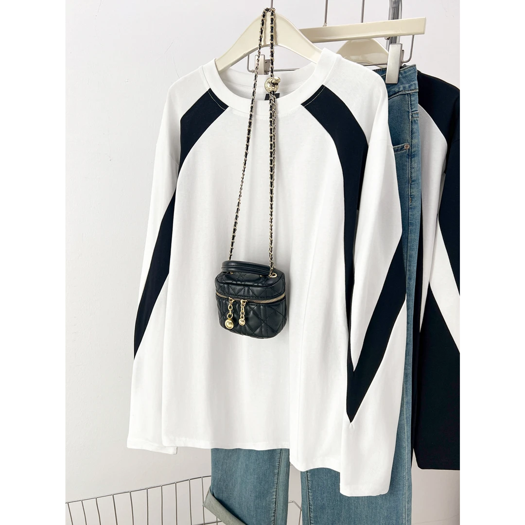 早秋季2025新款撞色拼接圆领长袖T恤女洋气时尚百搭宽松上衣ins潮