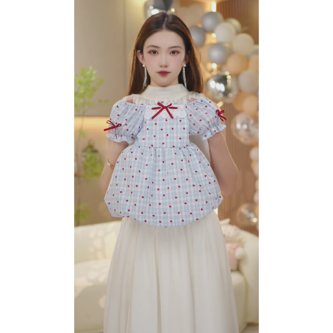 2025新款女童法式蓝色格子爱心短袖花苞裙幼儿园小朋友洋气款6562