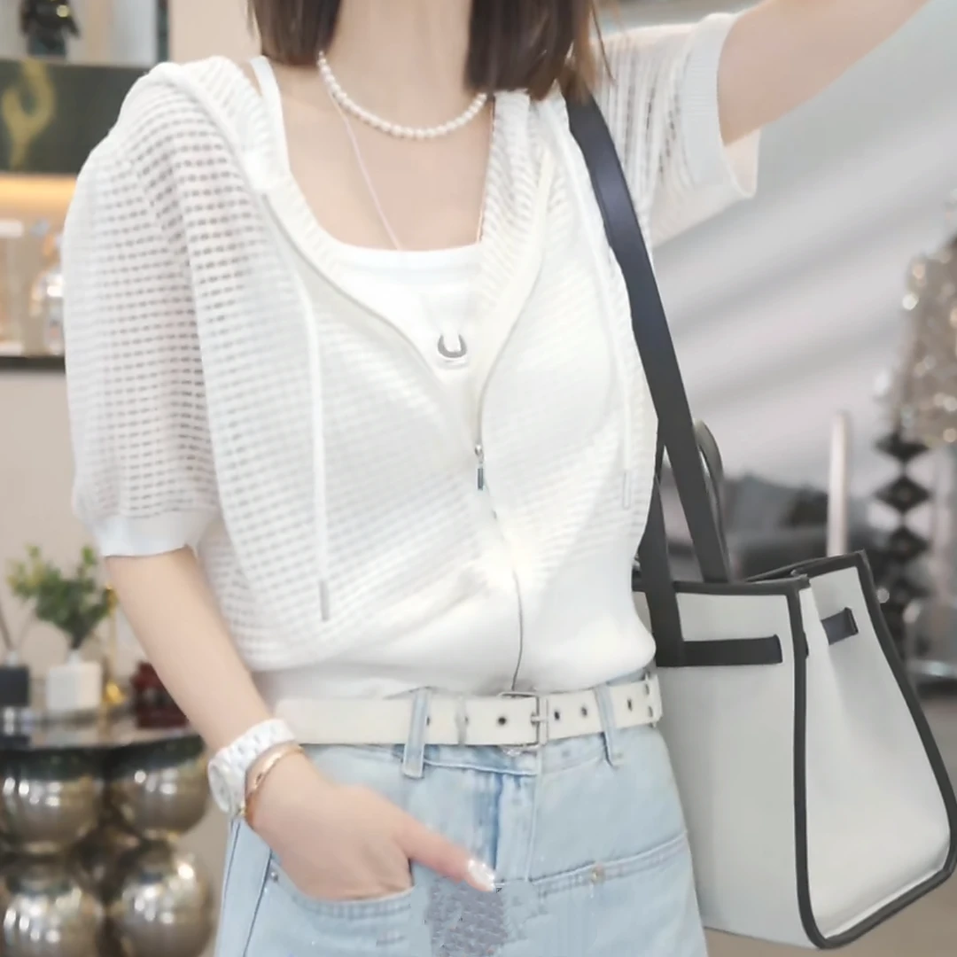 韩版设计感时尚休闲显瘦帽衫针织半袖女2025夏季新款镂空重工外套