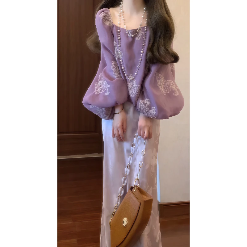 【紫烟鎏金】新中式国风复古气质方领灯笼袖上衣&提花鱼尾半裙9803