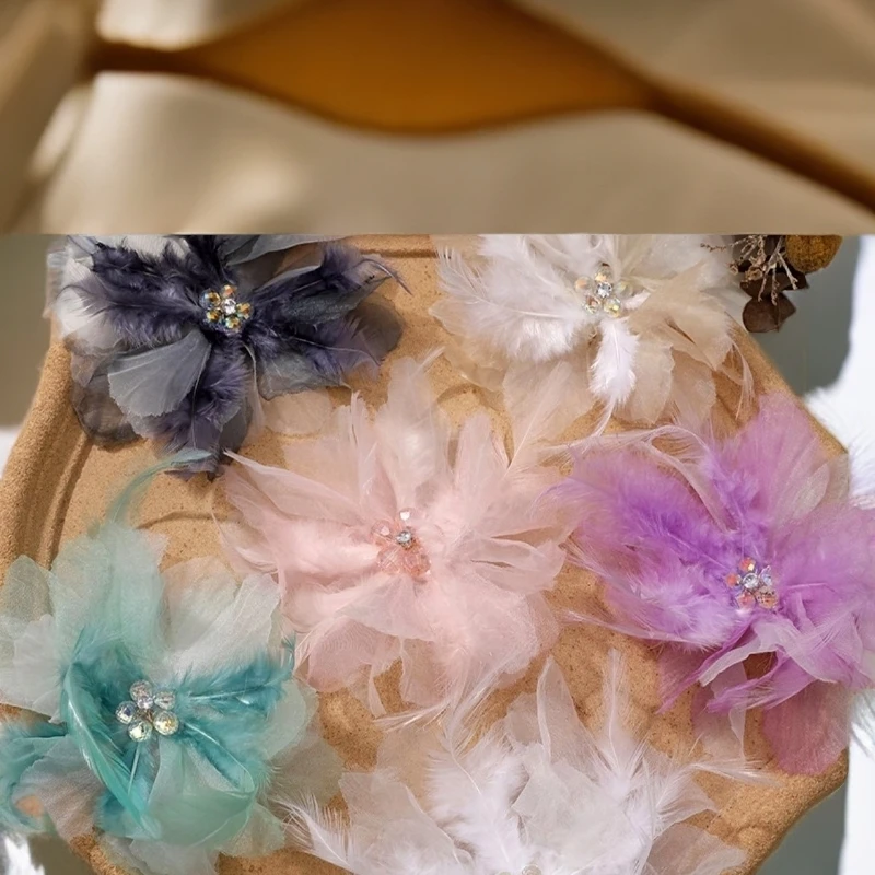 羽毛水晶花心渐变网纱花朵时尚白色民族风网红编织纯手工明制精美