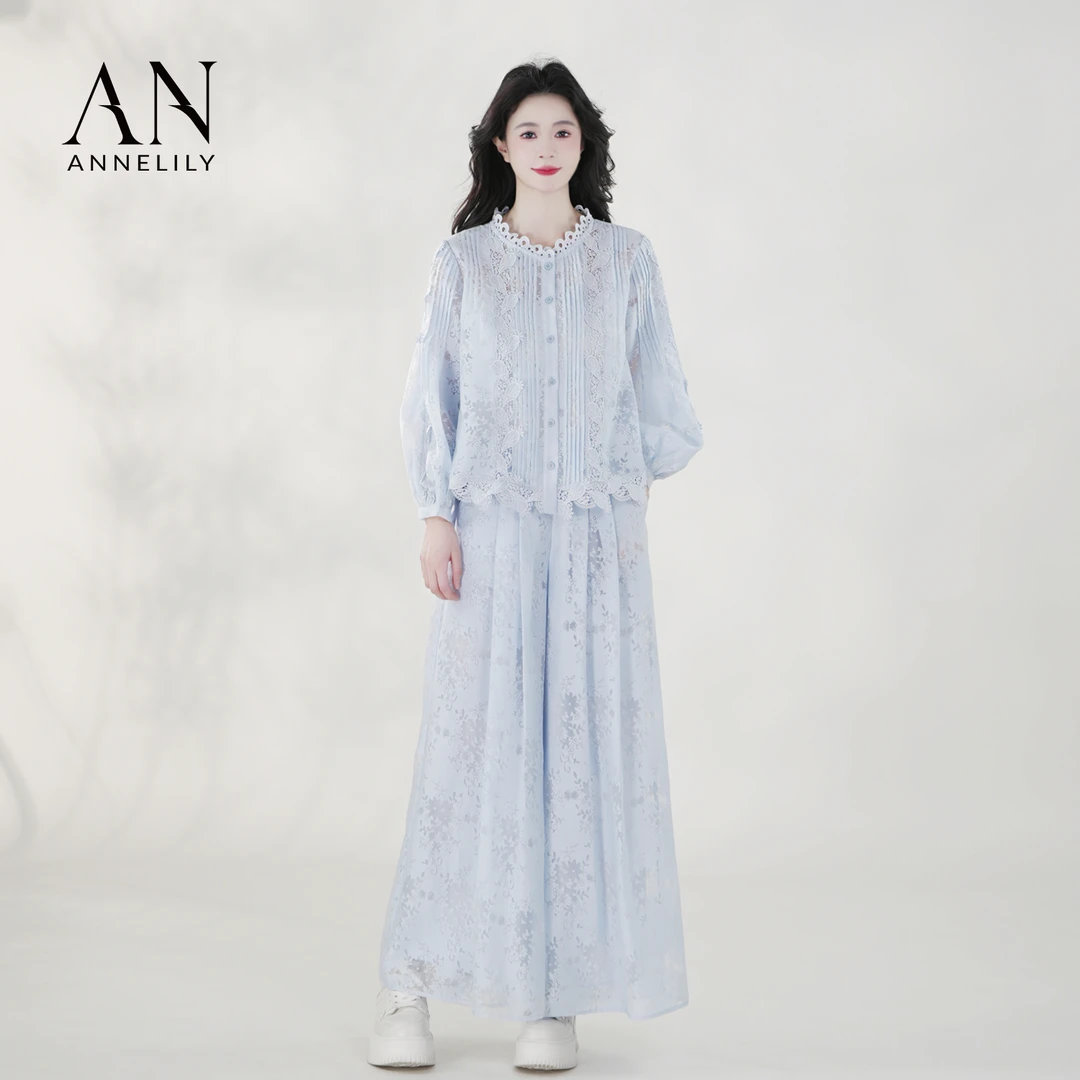 ANNELILY安甜甜【花芊】新款气质软纱镂空百搭长裤套装AT2504087