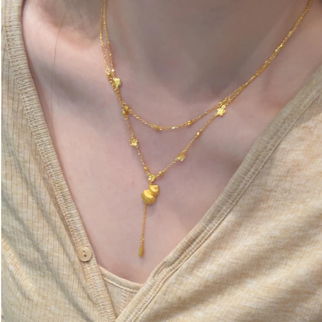 铜合金项链 福禄生花 新中式金色葫芦项链女双层叠戴毛衣链配饰潮