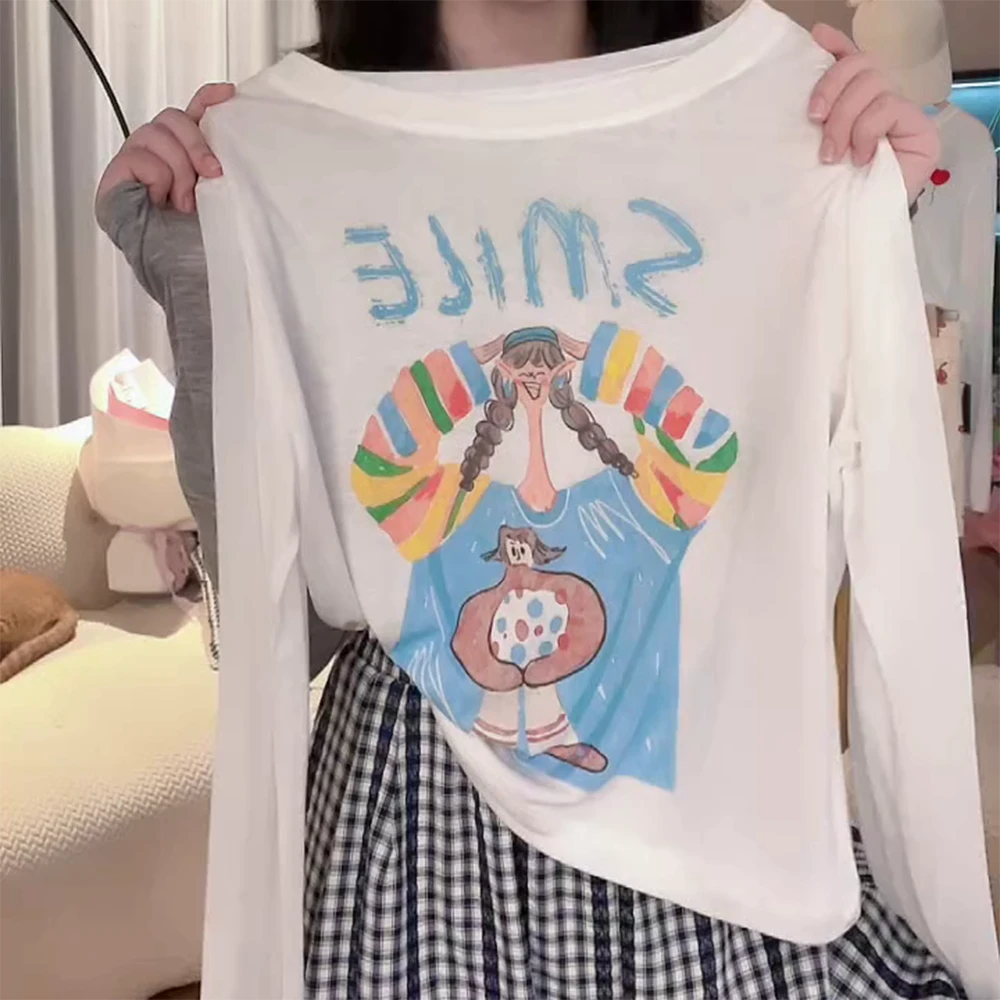 【微笑女孩防晒】夏季薄款长袖t恤2025印花休闲圆领上衣女