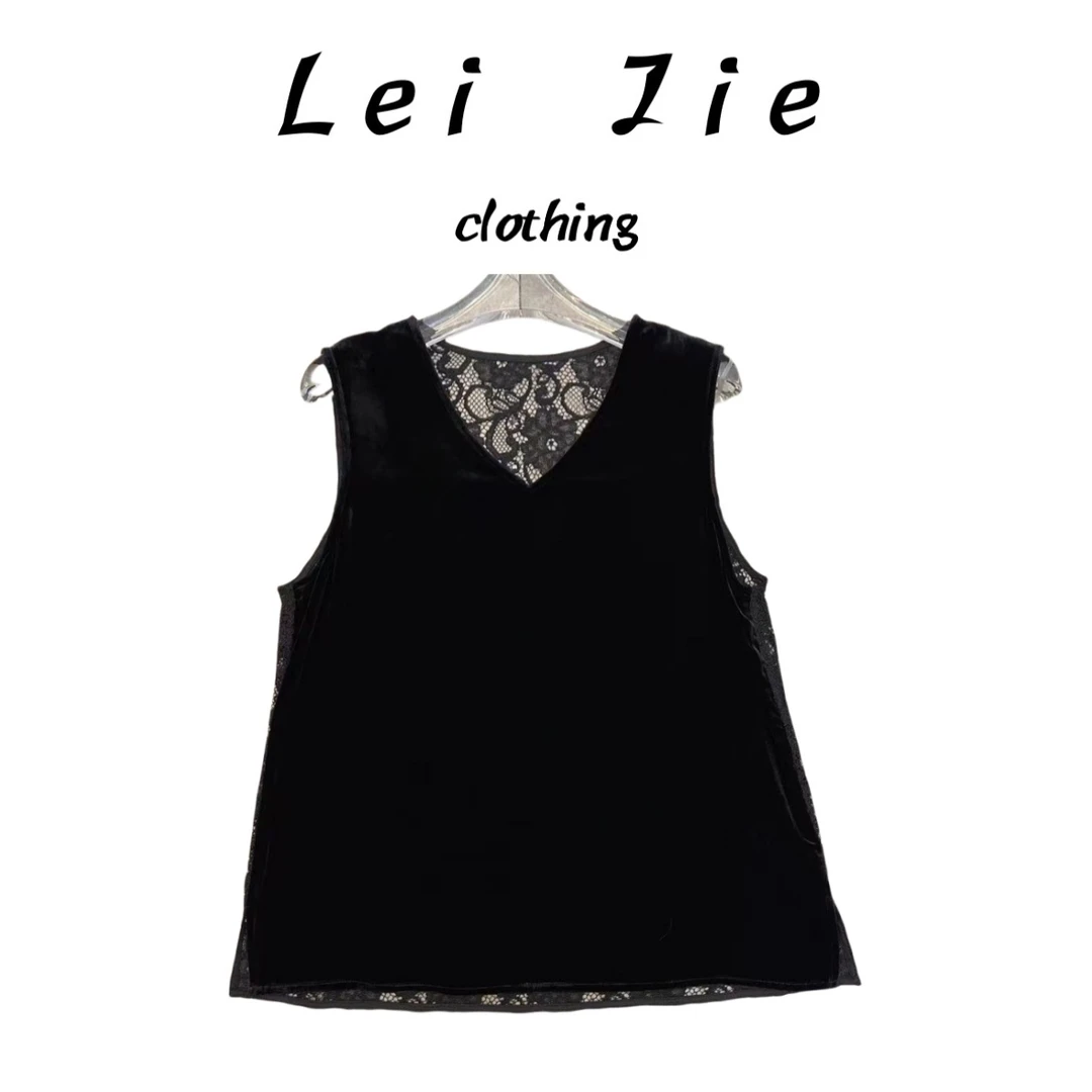 【Lei Jie】100%真丝丝绒后背蕾丝无袖上衣9929