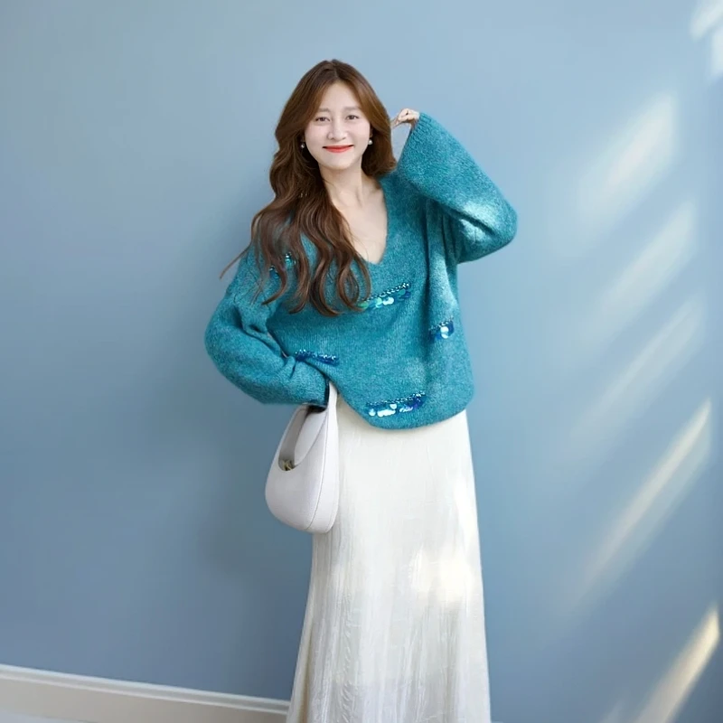 2025秋季新款套装温柔风蓝色高级显瘦针织毛衣搭配半身裙两件套女