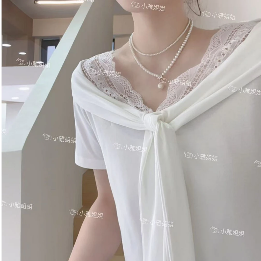 小雅姐姐  韩系V领蕾丝设计感绑带气质短袖T恤IU44