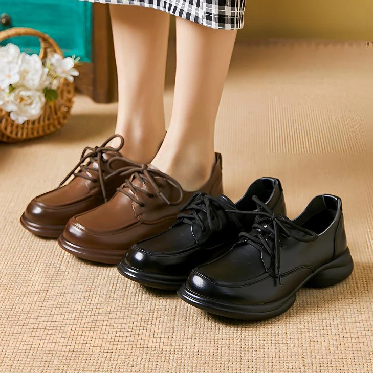 头层牛皮春秋单鞋真皮软底系带皮鞋一脚蹬女鞋厚底乐福鞋妈妈鞋