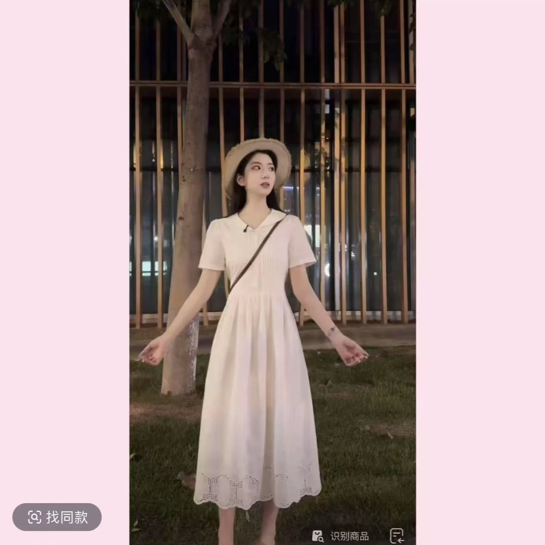 【月上白茶】纯棉绣花夏季短袖连衣裙镂空裙摆大方气质温桑风