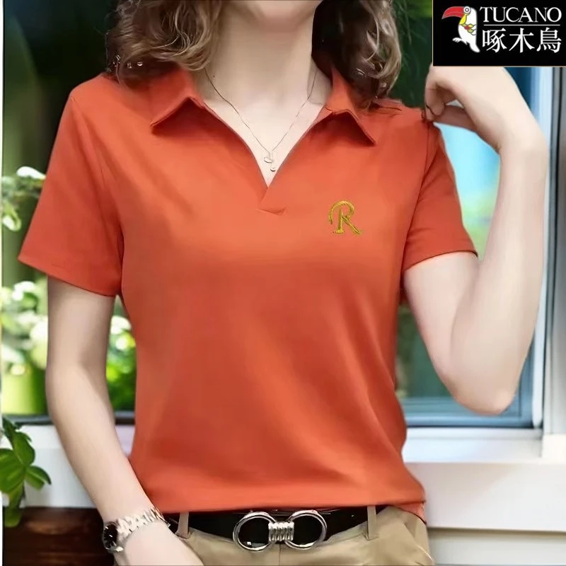 啄木鸟新款修身显瘦翻领洋气夏装T恤ins2025年夏季气质刺绣上衣女