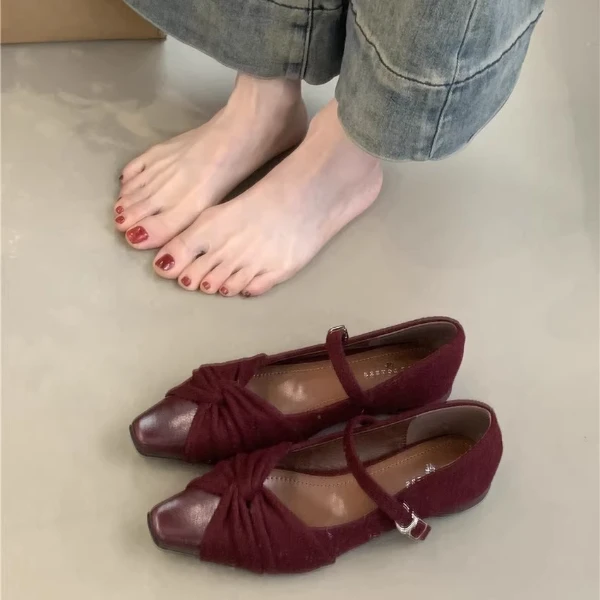 ALQR-9911-456法式小方头低跟鞋子拼接褶皱玛丽珍鞋新款粗跟单鞋