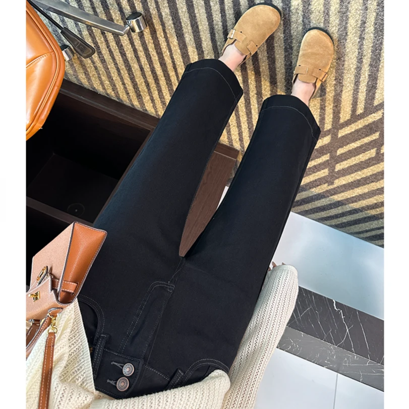 百搭两粒扣高腰直筒牛仔裤女秋季新款梨形身材弹力九分阔腿奶奶裤