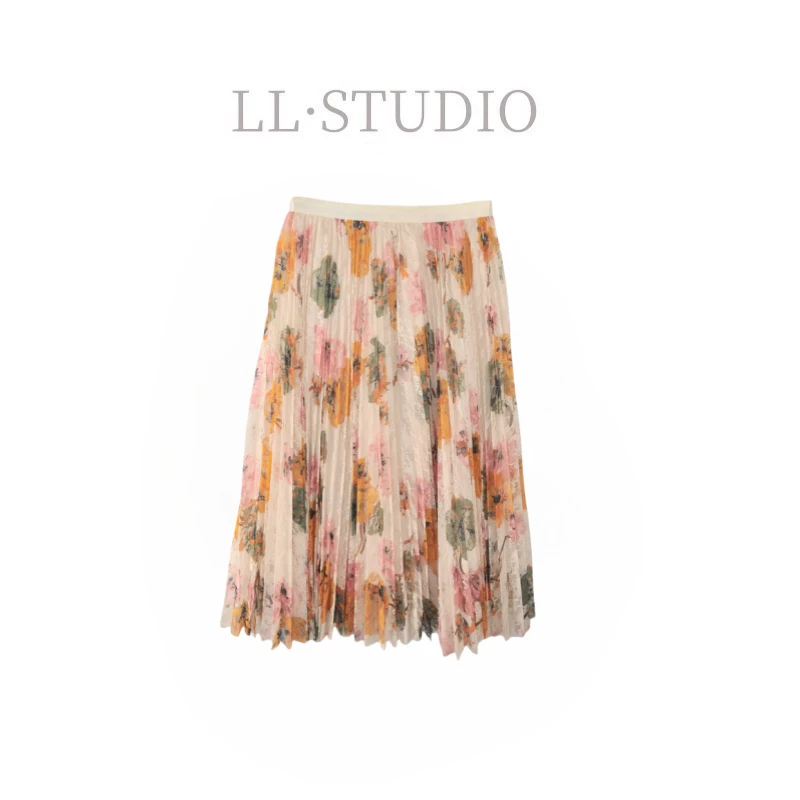 妙兮·LL夏季新款小众设计款时尚花色褶皱中长裙*20250411