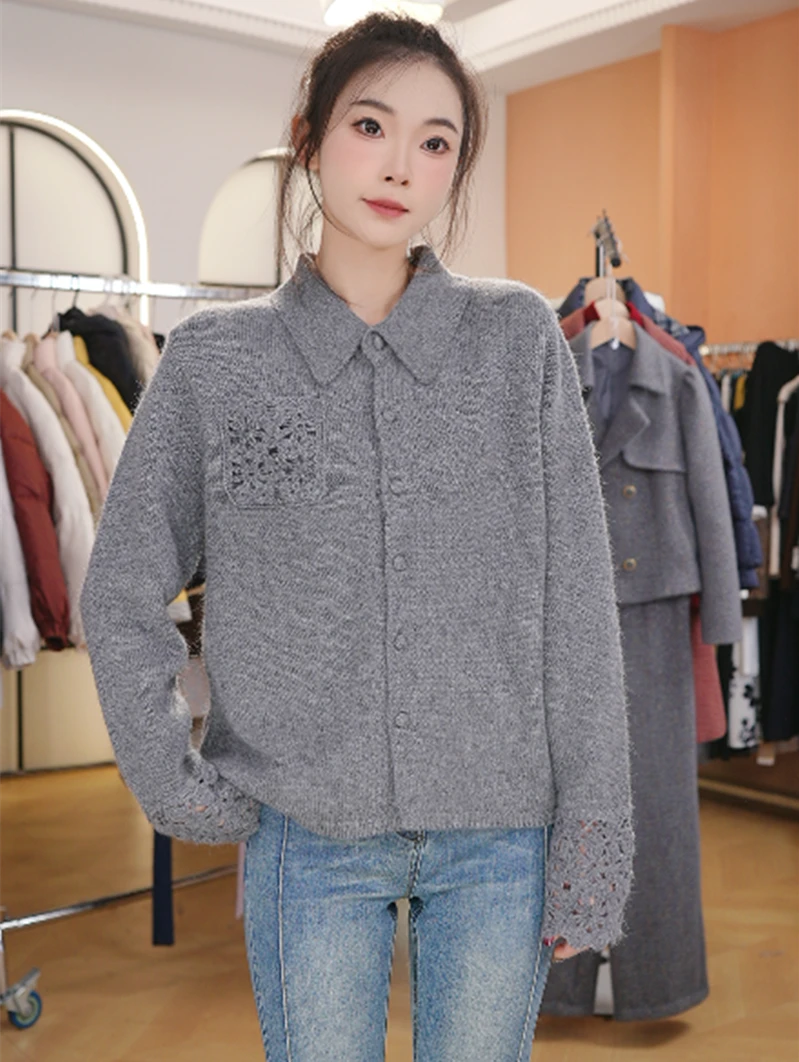 翻领针织开衫毛衣女秋冬2025新款外穿镂空长袖针织上衣