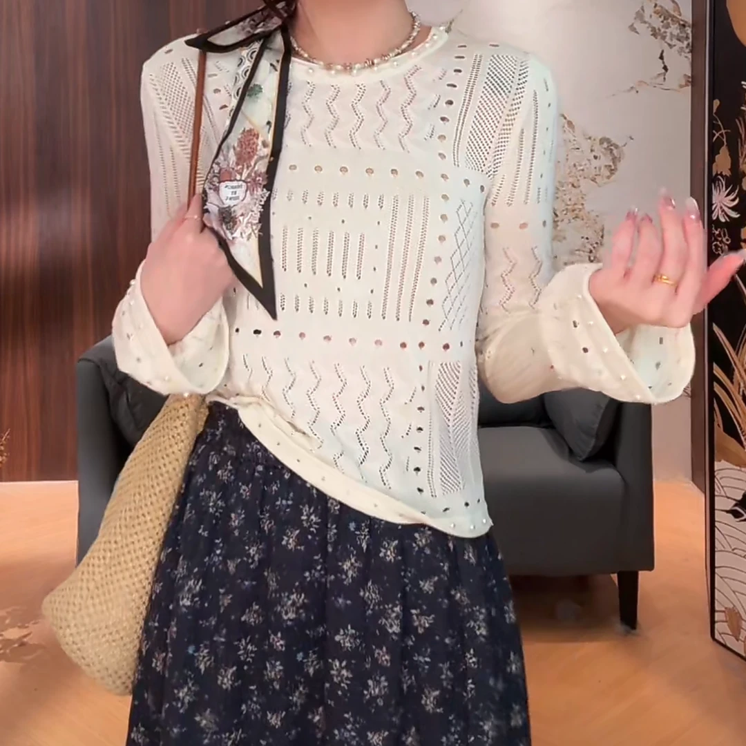 设计感显瘦长袖镂空针织衫女2025春夏新款宽松薄款圆领打底上衣