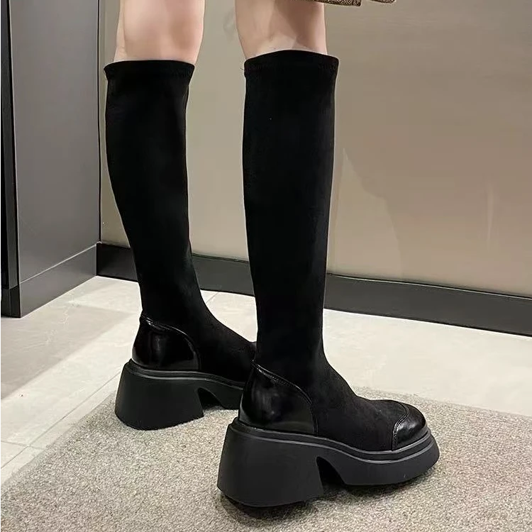 H82W3441黑色长靴女2025新款厚底粗跟长筒靴绒面弹力瘦瘦靴高筒靴