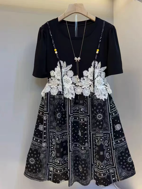 夏季新款时尚韩版A摆假两件拼接显瘦短袖大码胖妹妹蕾丝连衣裙