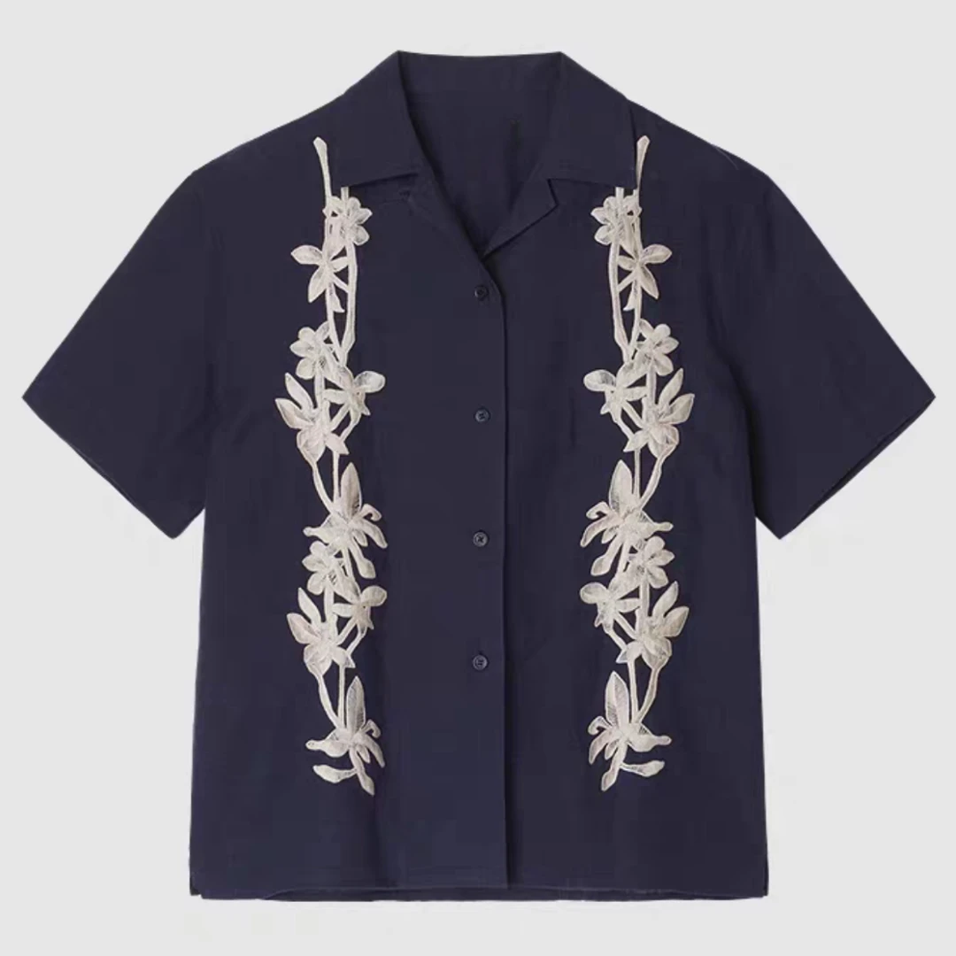 【禾】25年夏季新款平刺绣条纹亚麻短袖衬衫-ZH9801