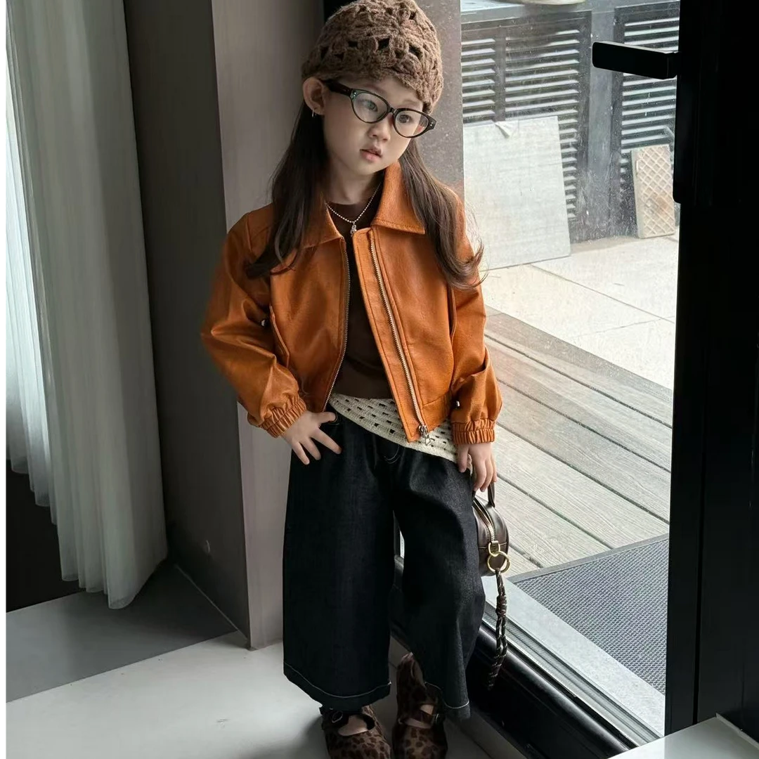 儿童外套秋装2025宝宝短款黄色夹克上衣女孩时髦洋气机车服套装