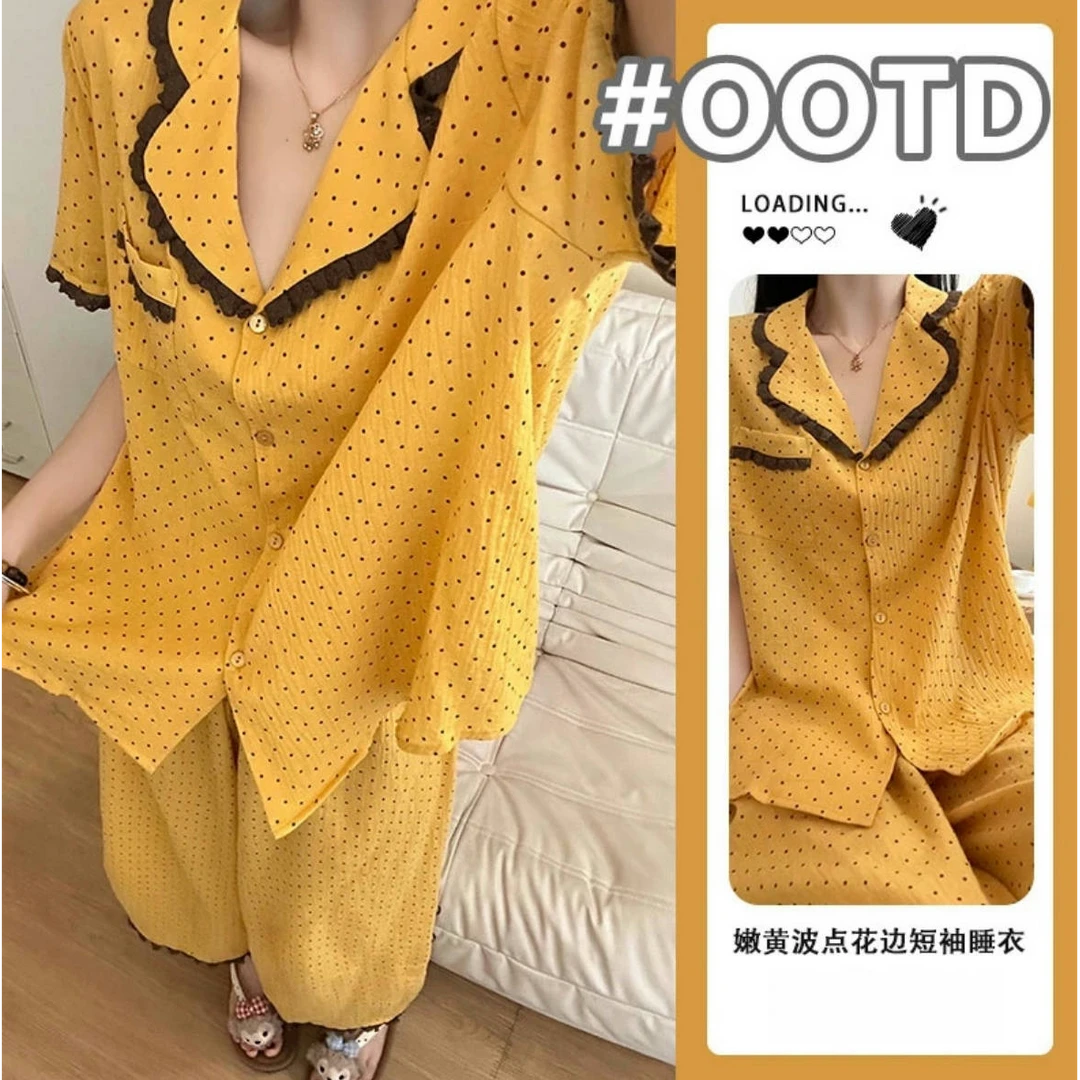 韩系ins风夏季新款撞色波点花边短袖长裤睡衣女套装可外穿居家服