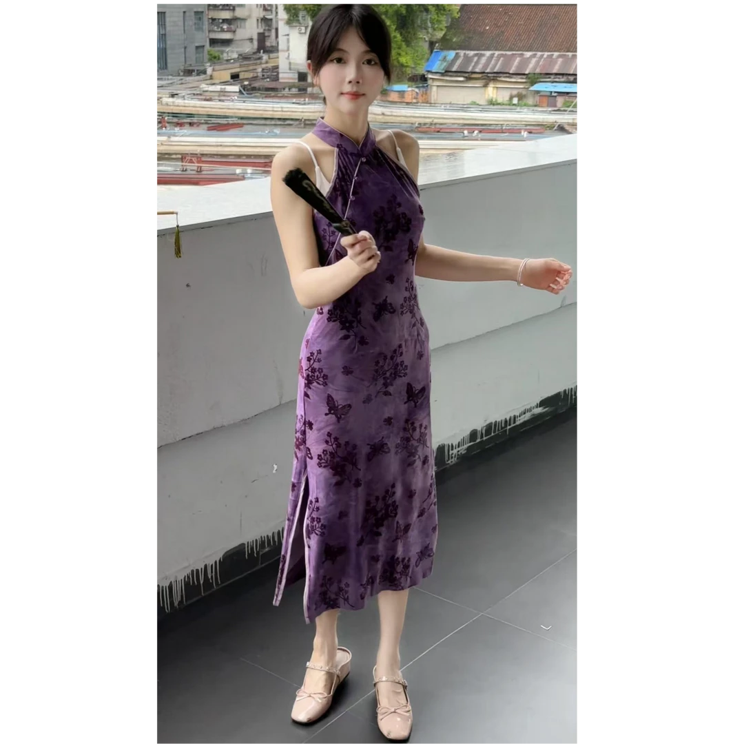 【C10】新中式国风2025夏气质紫挂脖改良版旗袍小个子女