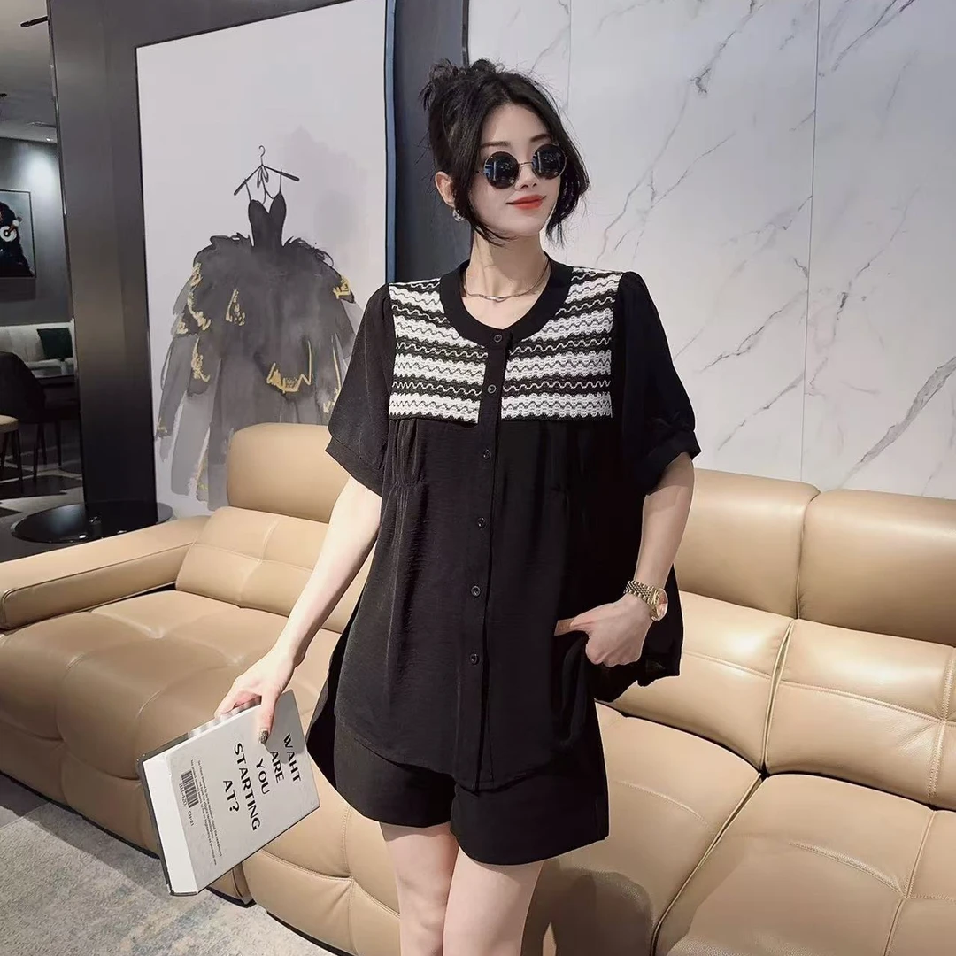 鲸鱼大码#薄款短袖拼接大码衬衫夏季提花镂空宽松蕾丝小香风上衣