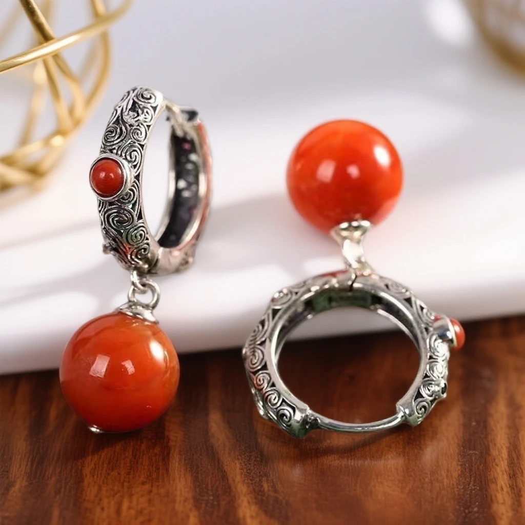 925银耳饰 新中式古韵耳圈镂空水波纹圆珠耳坠复古女耳饰时尚百搭