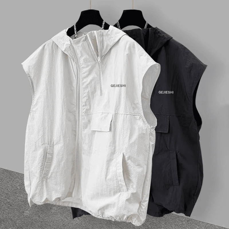 新款拉链夏季无袖恤男潮流工装休闲青少年连帽坎肩背心宽松DS薄款