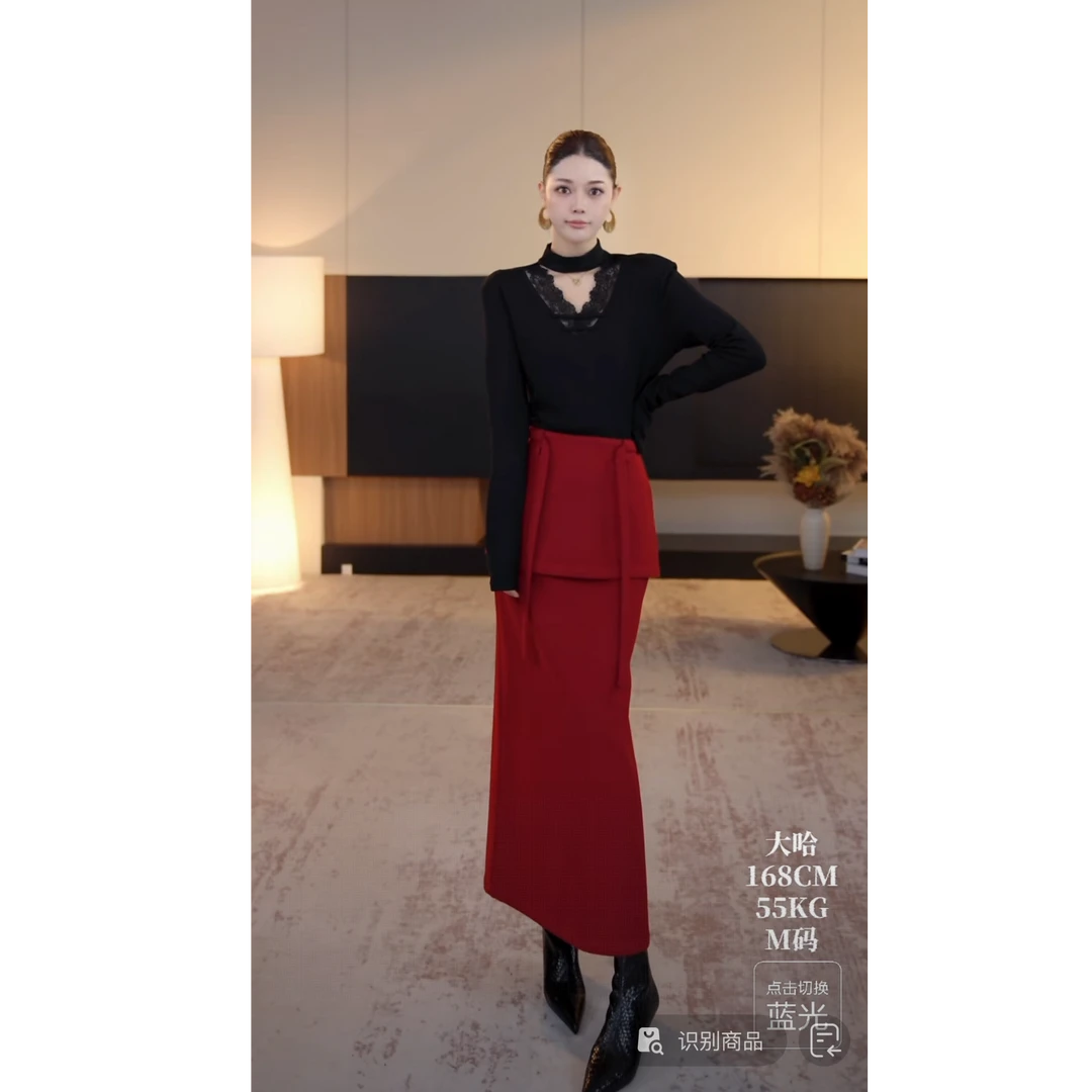 DENGDAHA「偶遇佳人」轻熟通勤风 系带A字半身裙垂坠质感HBZW800214