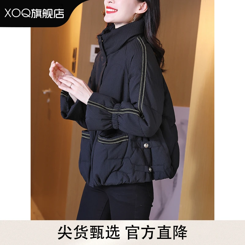XOQ短款高领棉服女设计感小个子加厚宽松大码面包服冬装棉衣外套