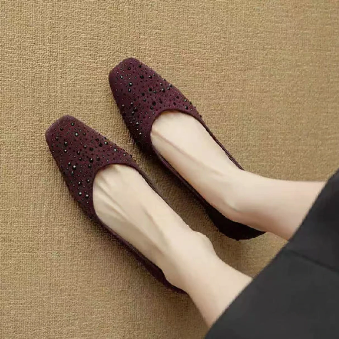 春秋季羊皮水钻酒红色单鞋女浅口方头平底鞋软底舒适高级感A1503