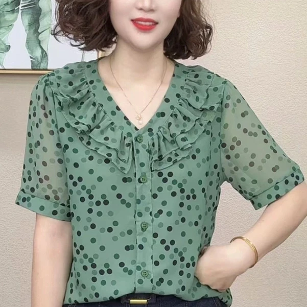 2025夏季显瘦短袖V领静奢风印花波点百搭T恤#74952