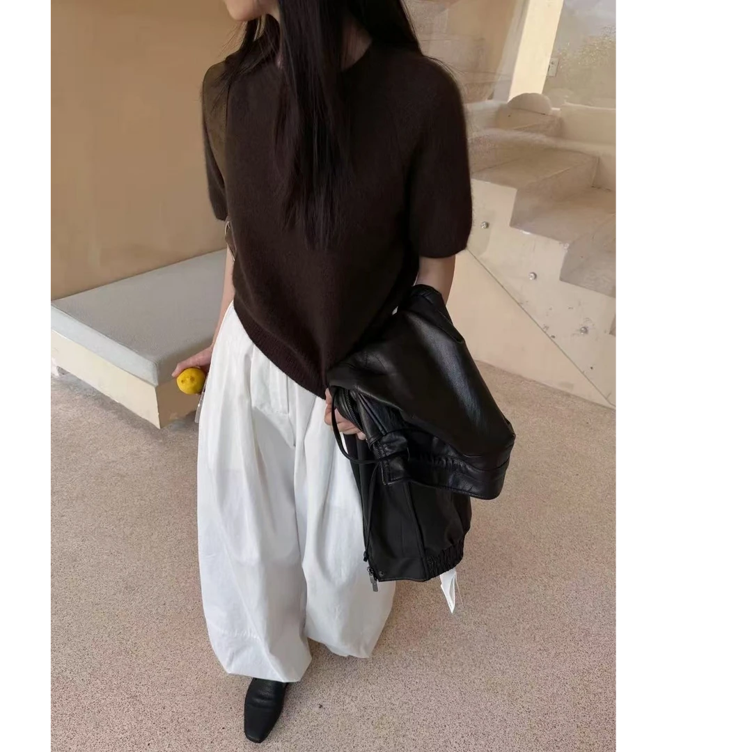 【深咖色】短袖圆领秋冬新款长袖宽松韩版设计感针织衫毛衣女