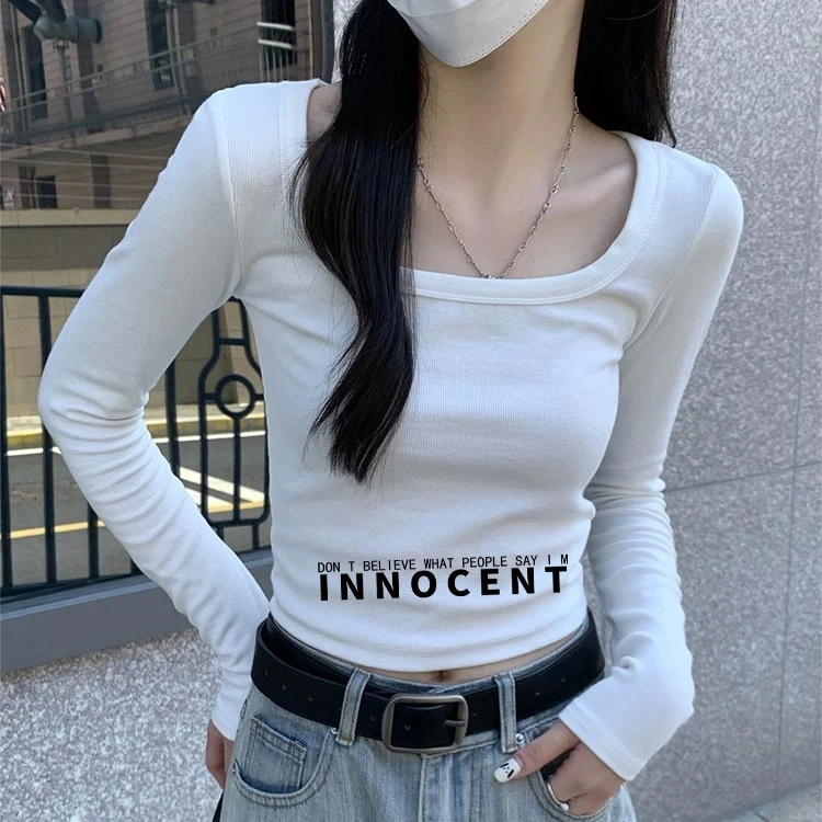 正肩方领锁骨T恤女白色内搭打底衫秋冬紧身辣妹纯欲ins长袖短上衣