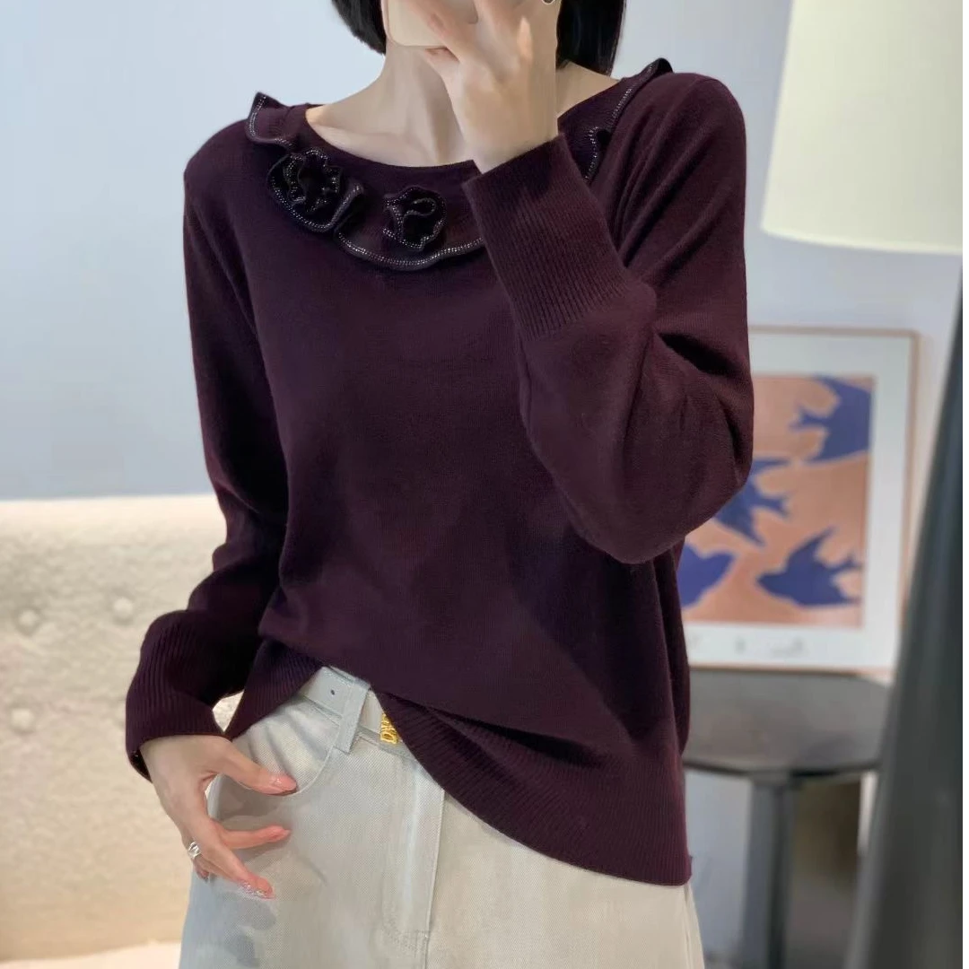 小施家高货气质特色工艺花闪钻纯色显瘦针织衫566120