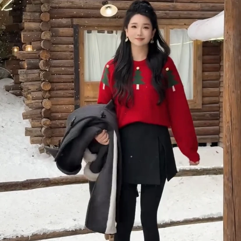 韩系减龄圣诞树氛围感针织衫女秋冬大码胖mm慵懒高级感可外穿毛衣